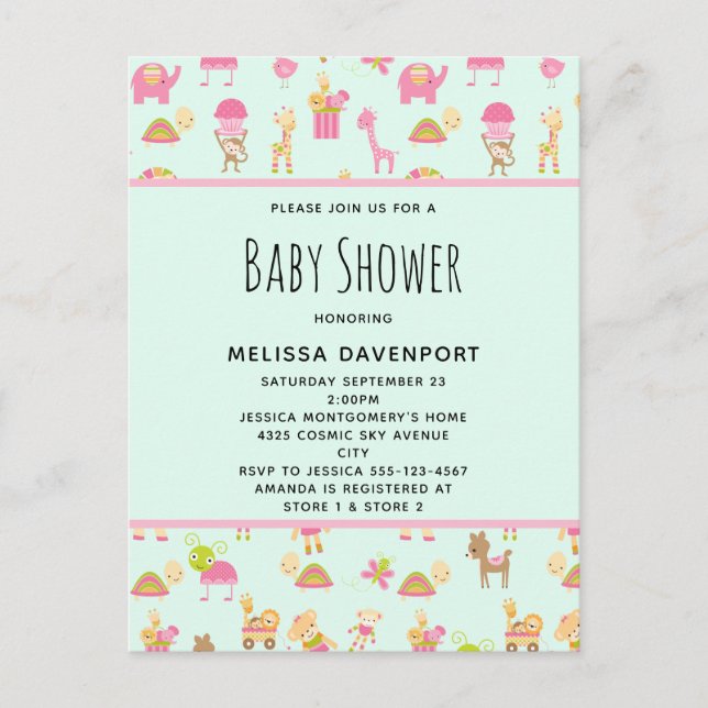 Cute Pattern with Nursery Animals Baby Shower Invitation Postcard (Front)