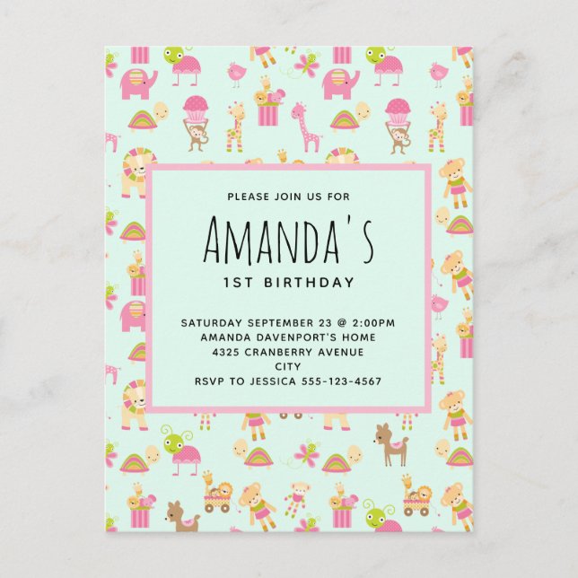 Cute Pattern with Nursery Animals & Toys  Birthday Invitation Postcard (Front)