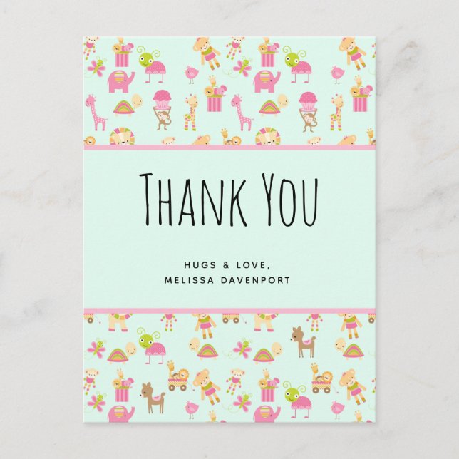 Cute Pattern with Nursery Animals & Toys Thank You Postcard (Front)