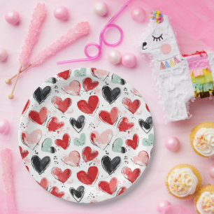 cute pattern with painted hearts watercolor  paper plate