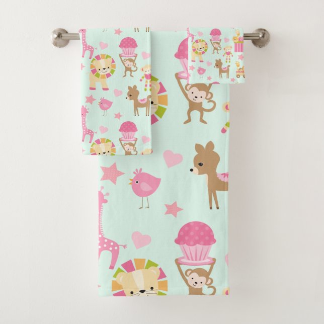 Cute Pattern with Whimsical Animals & Toys Bath Towel Set (Insitu)