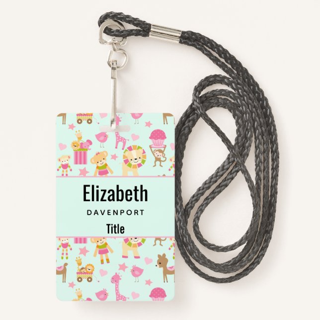 Cute Pattern with Whimsical Animals & Toys ID Badge (Front with Lanyard)