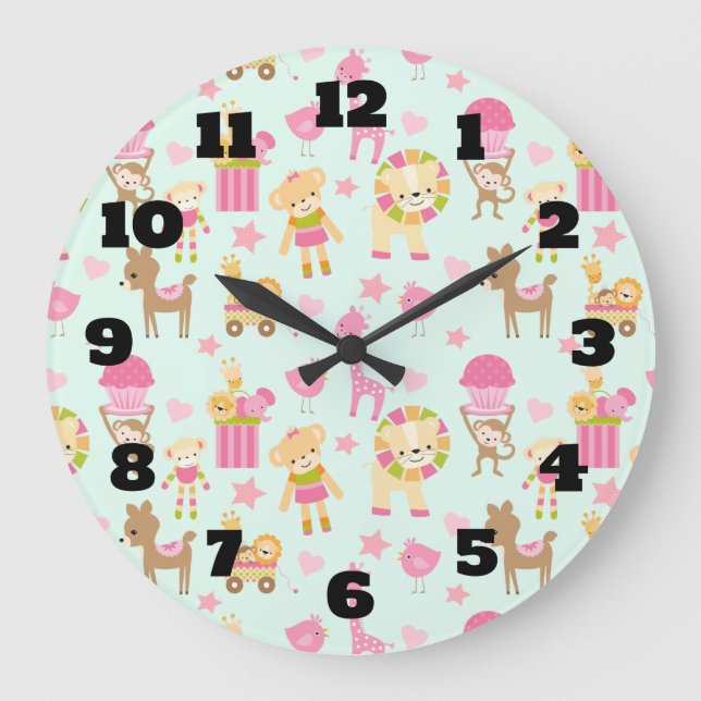 Cute Pattern with Whimsical Animals & Toys Large Clock (Front)