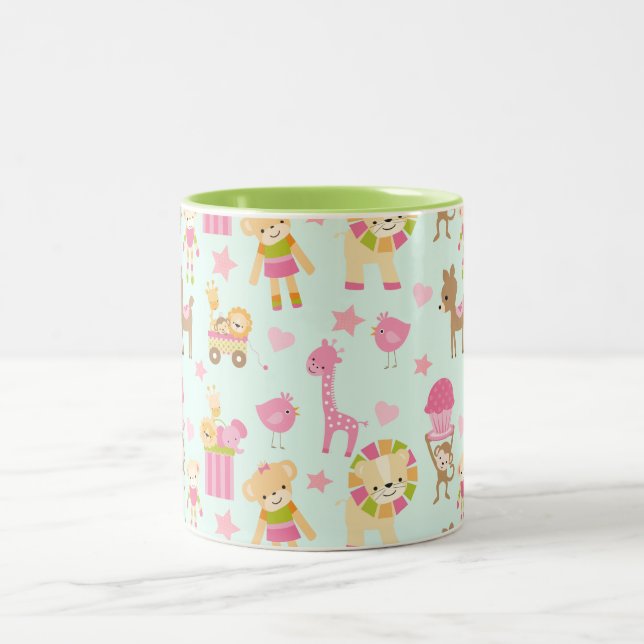 Cute Pattern with Whimsical Animals & Toys Two-Tone Coffee Mug (Center)