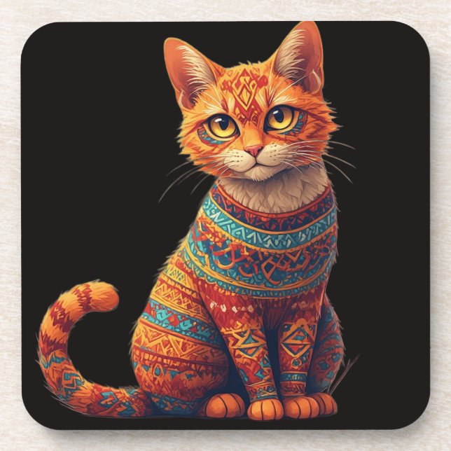 Cute Patterned Cat Illustration Folk Art Style Coaster (Front)