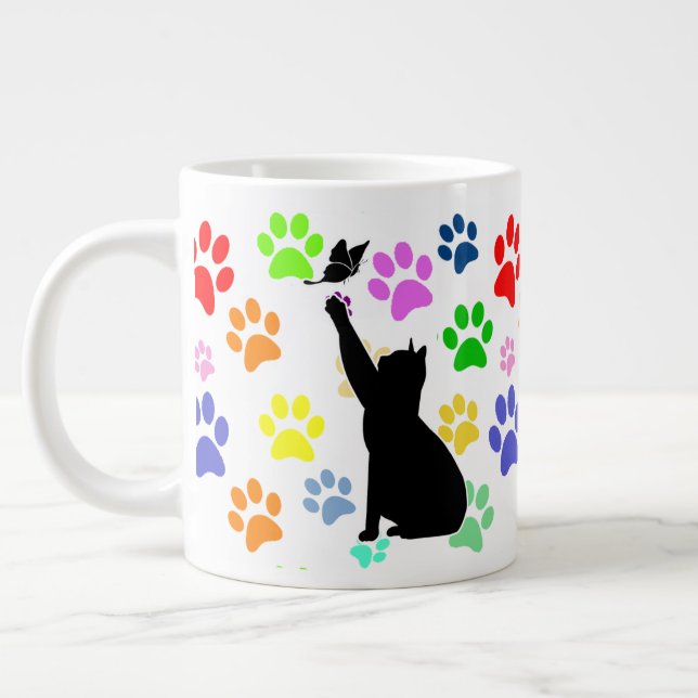 Cute Paw Pattern and Cat Chasing a butterfly Large Coffee Mug (Left)