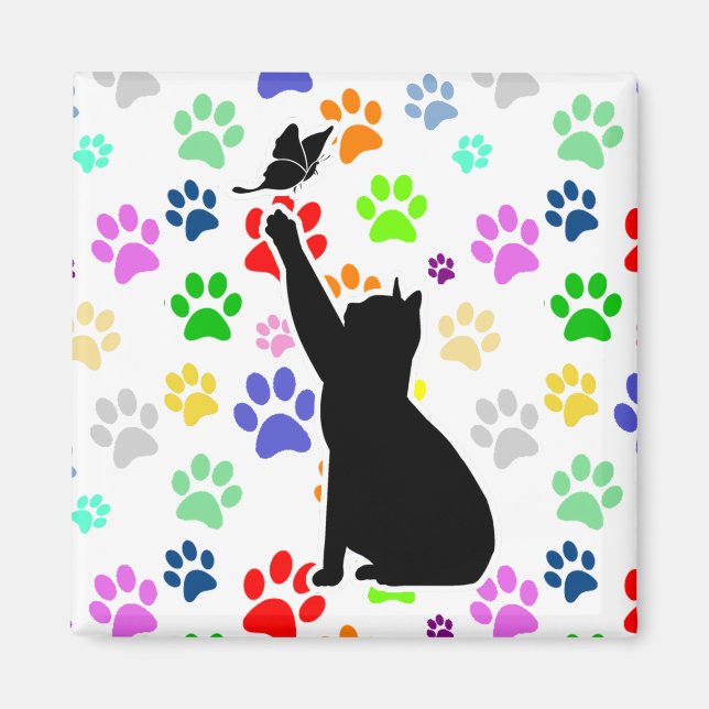 Cute Paw Pattern Cat Chasing a butterfly Magnet (Front)
