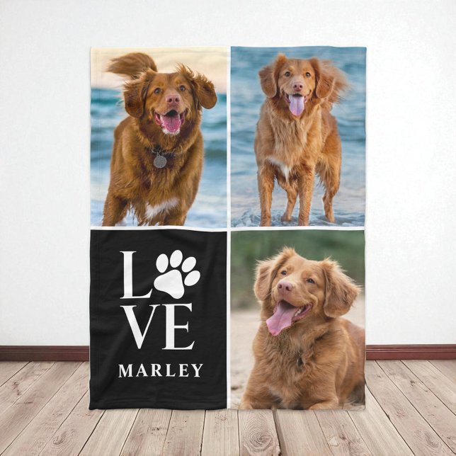 Cute Paw Print 4 Photo Collage Dog Lover Pet Fleece Blanket (Creator Uploaded)