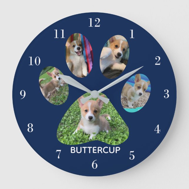 Cute Paw Print 5 Photo Dog Blue Large Clock (Front)