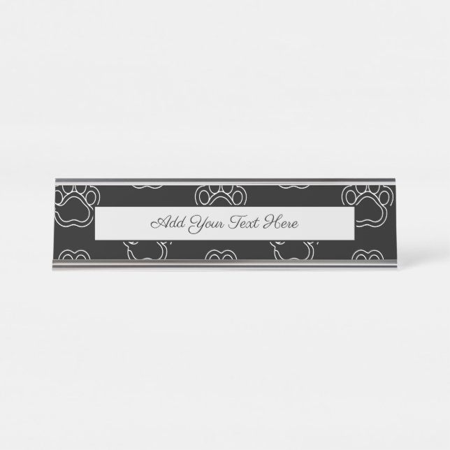Cute Paw Print Animal Dog Lover White Line Contour Desk Name Plate (Front)