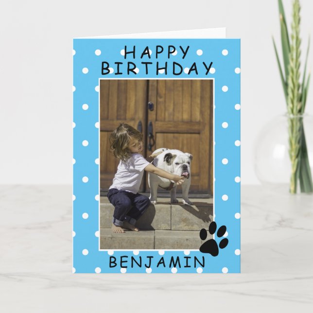 Cute Paw Print Blue Happy Birthday Photo Card (Front)