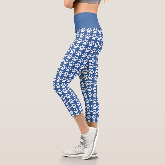 Cute Paw Print Blue & White Pattern Trendy Fitness Capri Leggings (Left)