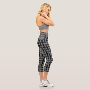 Cute Paw Print Grey & Black Pattern Trendy Capri Leggings