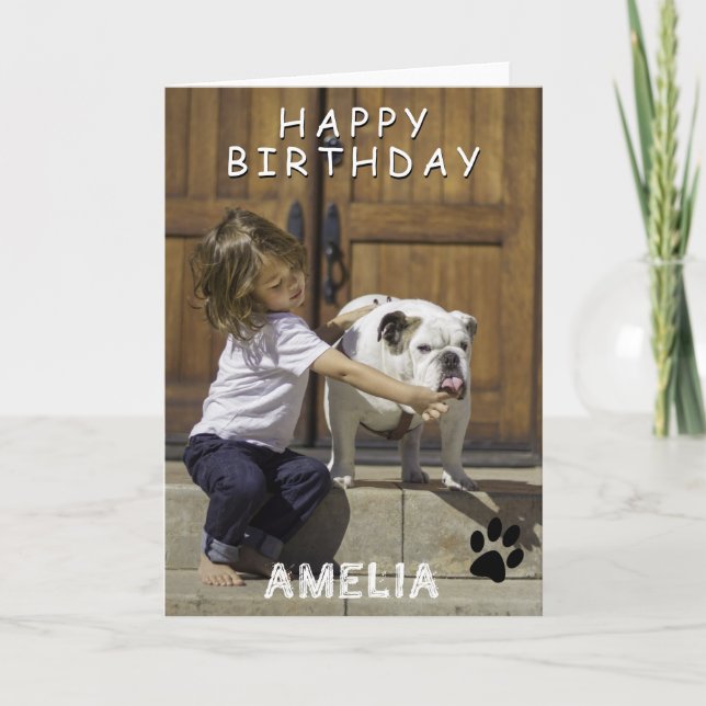 Cute Paw Print Happy Birthday Photo Card with Name (Front)