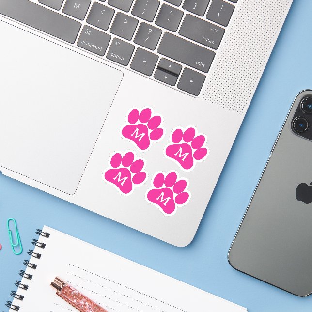 Cute Paw Print Personalised Initial Hot Pink Vinyl (Laptop w/ iPhone)
