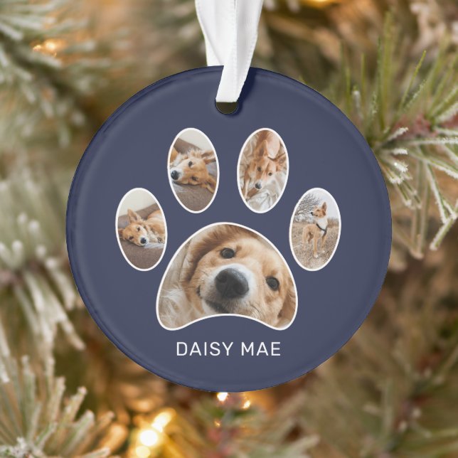 Cute Paw Print Pet Name Year Photo Collage Blue Ornament (Tree)