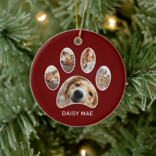 Cute Paw Print Pet Name Year Photo Collage Red Ceramic Tree Decoration