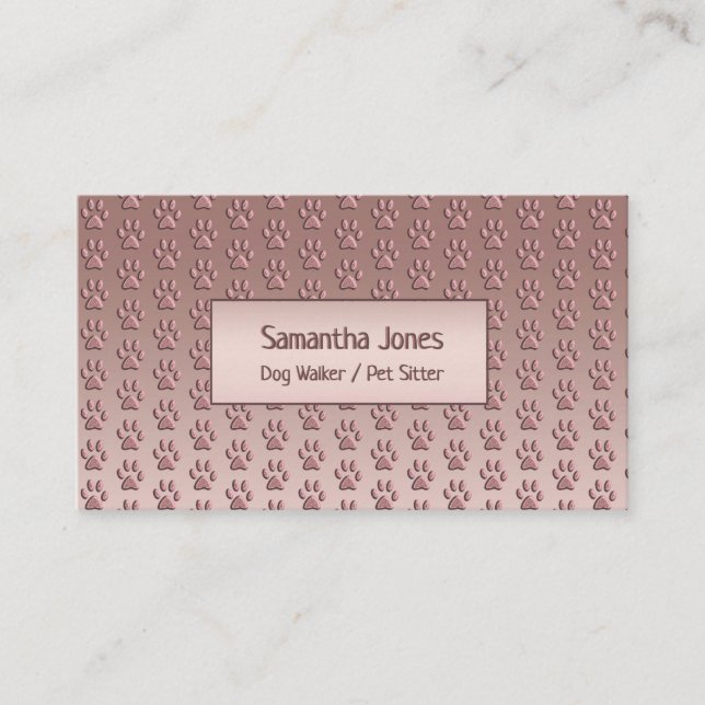 Cute Paw Print Pet Sitter Dog Walker Rose Gold Business Card (Front)