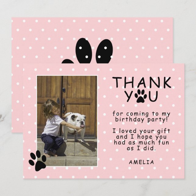 Cute Paw Print Pink Birthday Thank you Photo Card (Front/Back)