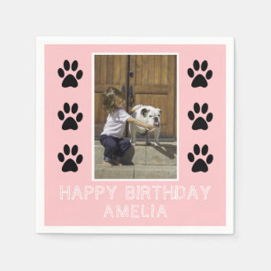 Cute Paw Print Pink Girl Name Photo Birthday Party Napkin