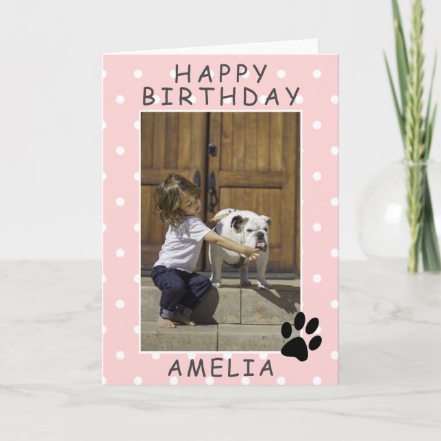 Cute Paw Print Pink Happy Birthday Photo Card (Front)