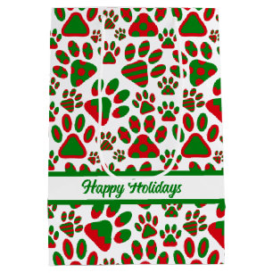 Cute Paw Print Red Green Happy Holiday  Medium Gift Bag