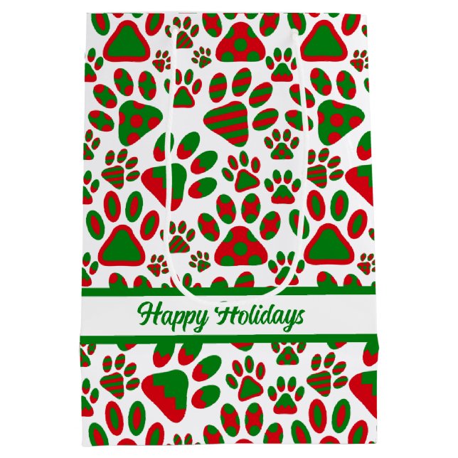 Cute Paw Print Red Green Happy Holiday  Medium Gift Bag (Back)