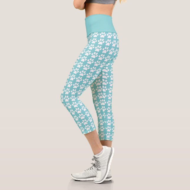 Cute Paw Print Teal White Pattern Trendy Athletic Capri Leggings (Left)