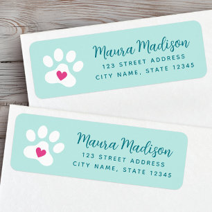 Cute paw print with heart aqua blue return address