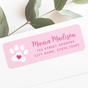 Cute paw print with heart pink return address