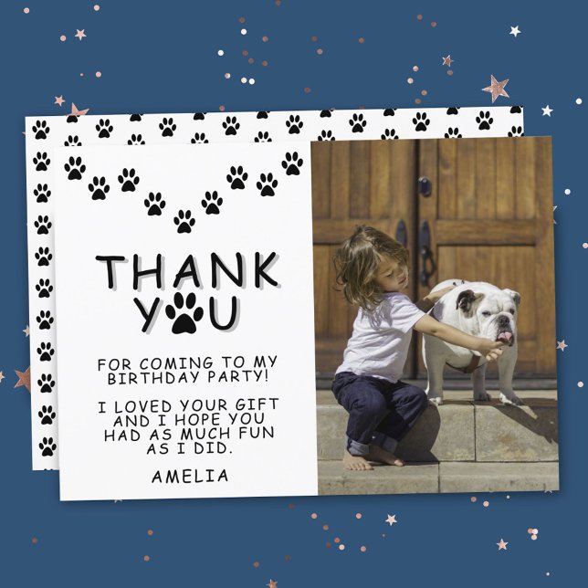 Cute Paw Prints Black Birthday Thank you Photo Card (Creator Uploaded)
