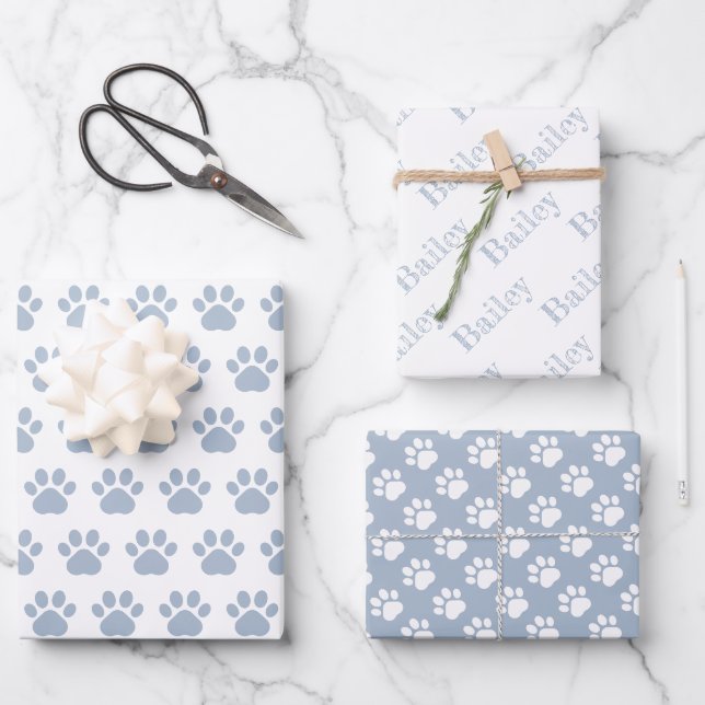 Cute Paw Prints Custom Name Wrapping Paper Sheets (Front)