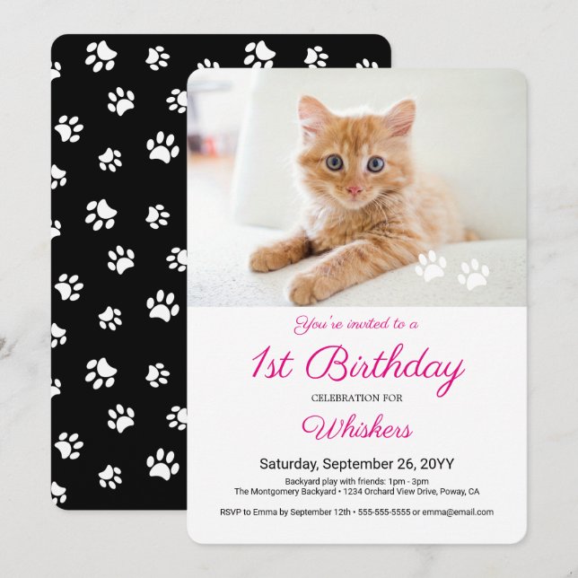 Cute Paw Prints Custom Pet Birthday Party Photo Invitation (Front/Back)