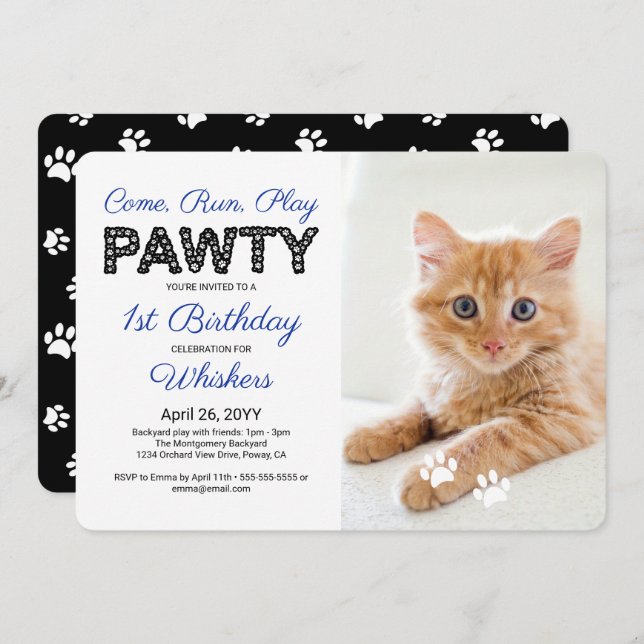 Cute Paw Prints Custom Photo Pet Birthday Party Invitation (Front/Back)