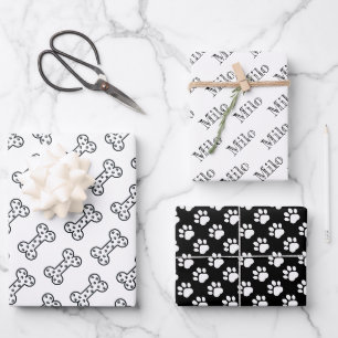 Cute Paw Prints Dog Bones Custom Name Wrapping Paper Sheet