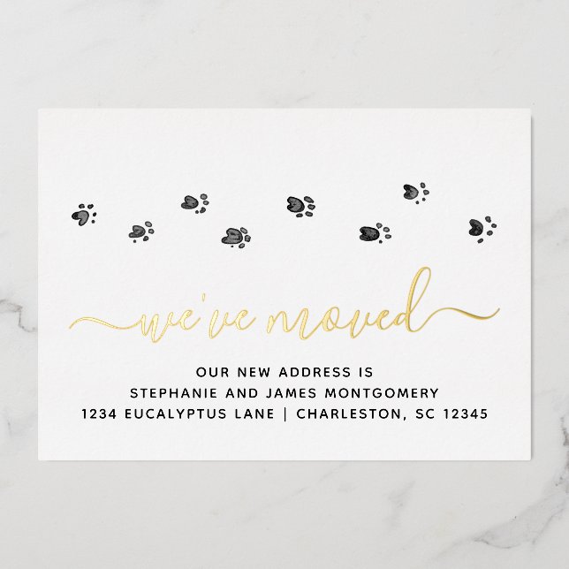 Cute Paw Prints Gold Foil Moving Announcement Card (Front)