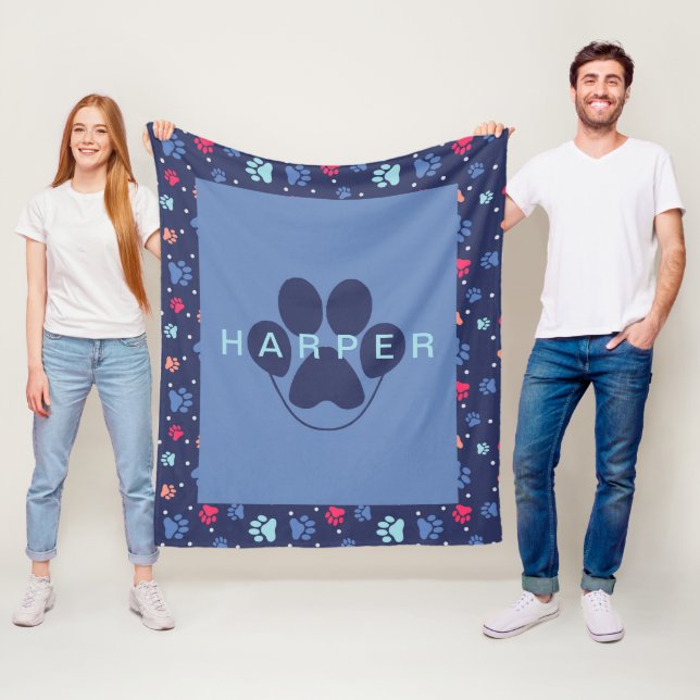 Cute Paw Prints Personalised Blue Fleece Pet Blanket (In Situ)