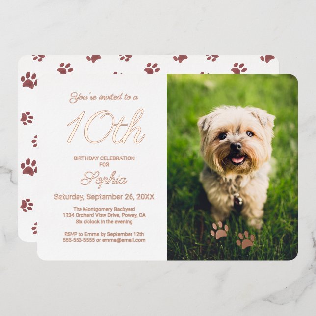 Cute Paw Prints Pet Birthday Party Photo Rose Gold (Front/Back)