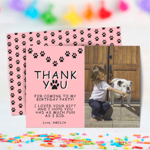 Cute Paw Prints Pink Birthday Thank you Photo Card