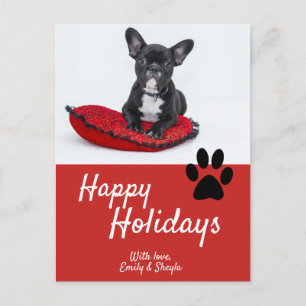 Cute Paw Red Script Dog Photo Happy Holiday Postcard