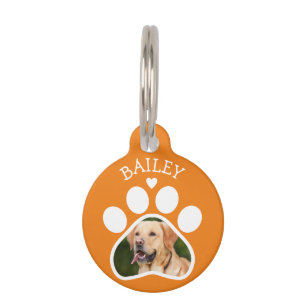 Cute Pawprint Heart Photo Name Pet Dog Cat Orange Pet Tag