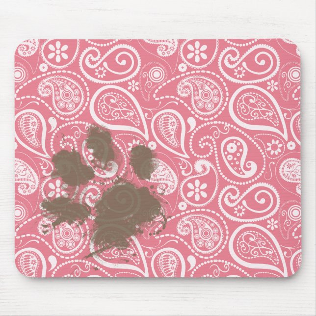 Cute Pawprint on Blush Pink Paisley Mouse Mat (Front)
