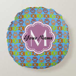 Cute Paws Monogram, Personalised Name Round Cushion