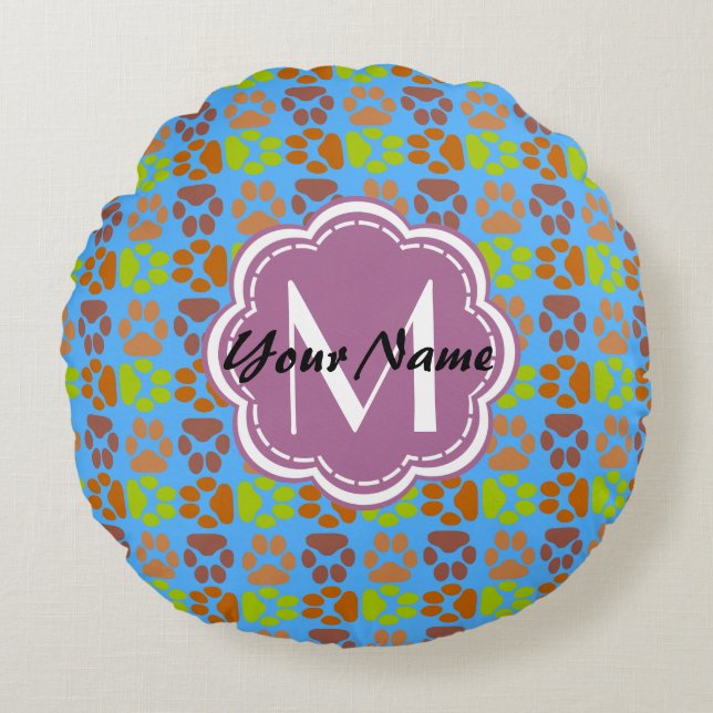 Cute Paws Monogram, Personalised Name Round Cushion (Front)