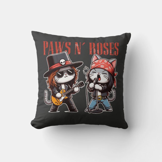 Cute Paws 'N Roses Funny Rock Cat Gift Idea Cushion (Front)