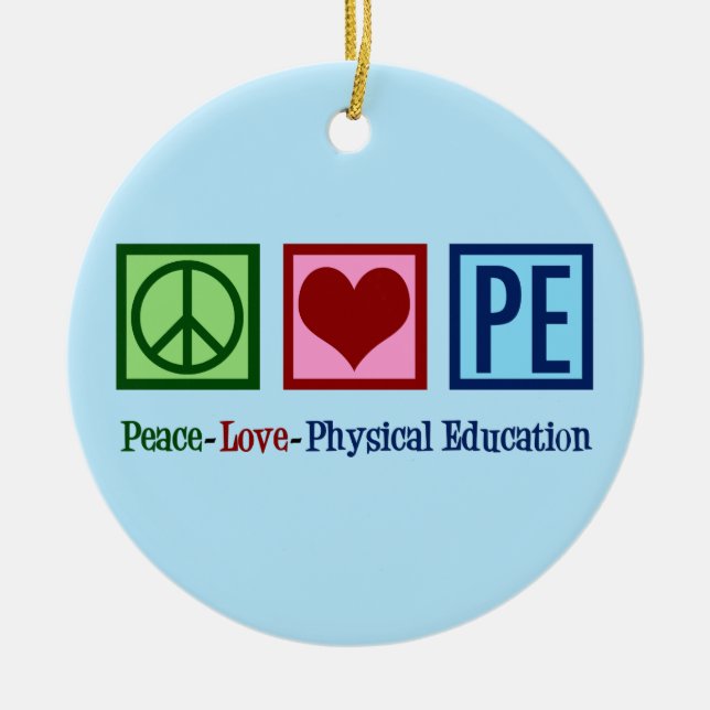 Cute PE Teacher Peace Love Physical Education Ceramic Tree Decoration (Front)