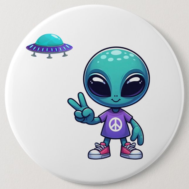 Cute Peace Alien & Space Ship 6 Cm Round Badge (Front)