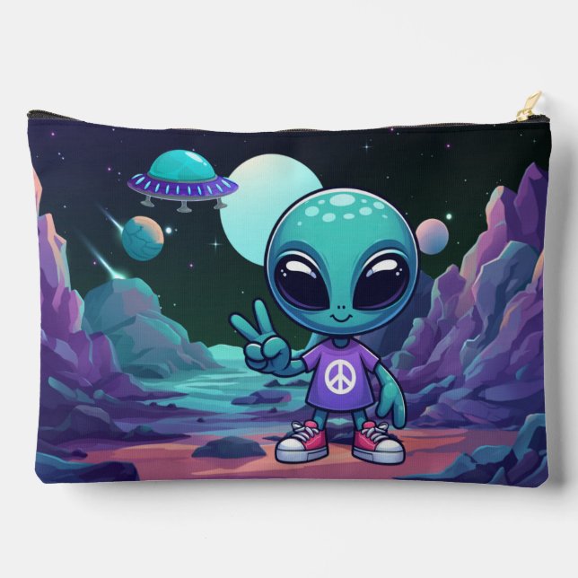 Cute Peace Alien & Space Ship Accessory Pouch (Back)