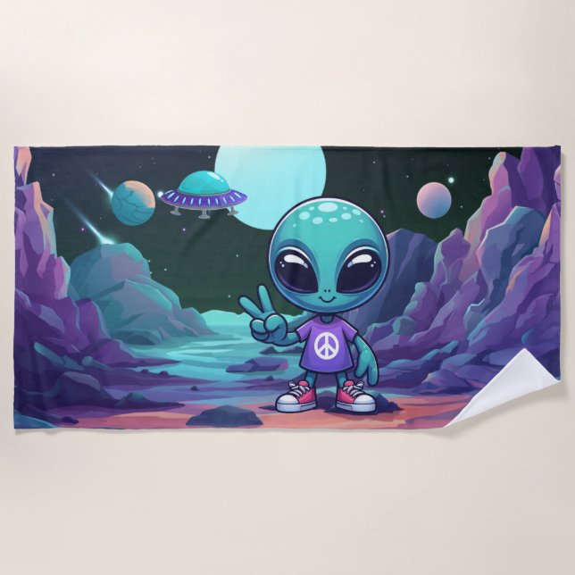 Cute Peace Alien & Space Ship Beach Towel (Front)