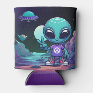 Cute Peace Alien & Space Ship Can Cooler